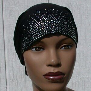 Rhinestone Tie Back Cap Cotton Bonnet Hijab Undercap Black